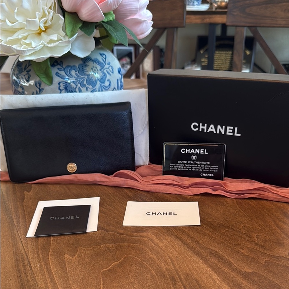 Authentic Chanel black leather wallet w/ box, dustbag, and cards